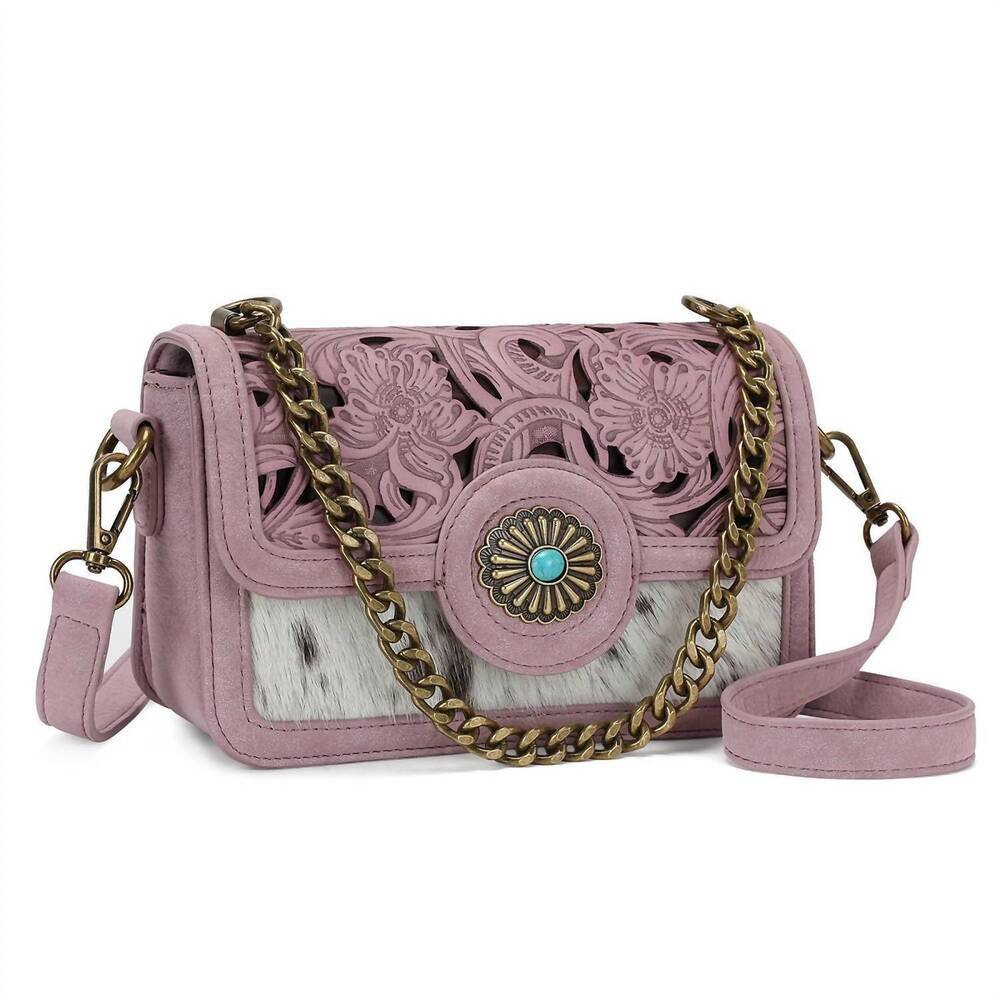 NEW TRINITY RANCH cowhide floral cutout crossbody bag in dark pink